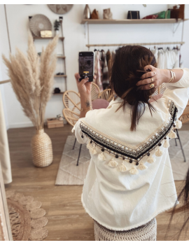 Veste en jean blanc dos brodé et pompons - Nathy