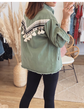 Veste en jean kaki dos brodé et pompons - Nathy