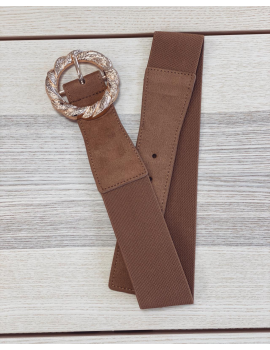Ceinture élastique camel boucle ronde dorée