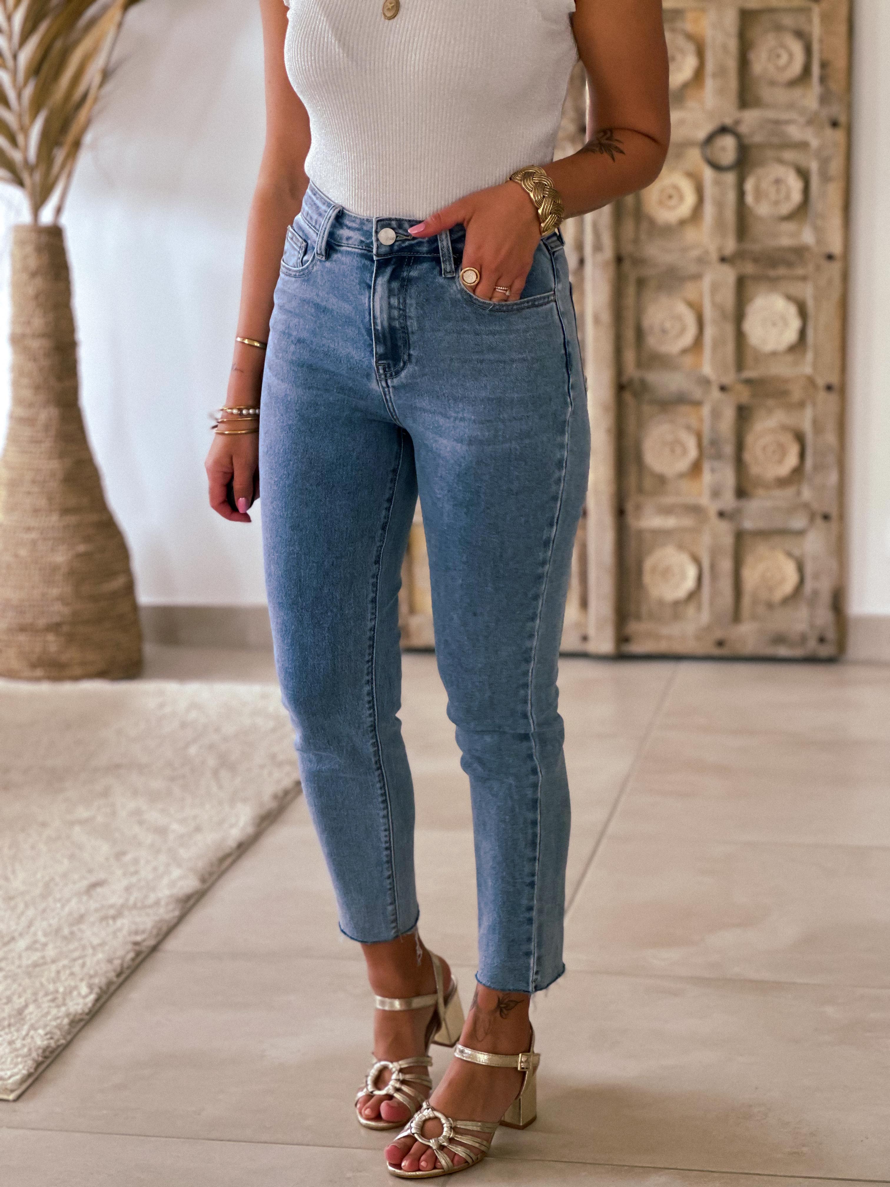 Mom Fit Jeans & Belt in Cotton Gauze, for Girls - blue medium solid, Girls  | Vertbaudet